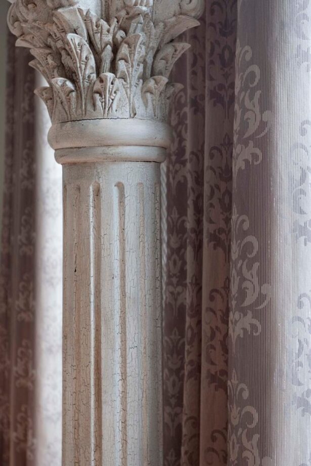 Printed sheer Robert Allen fabric with JF Fabric satin lining allows light through to enhance the print tones